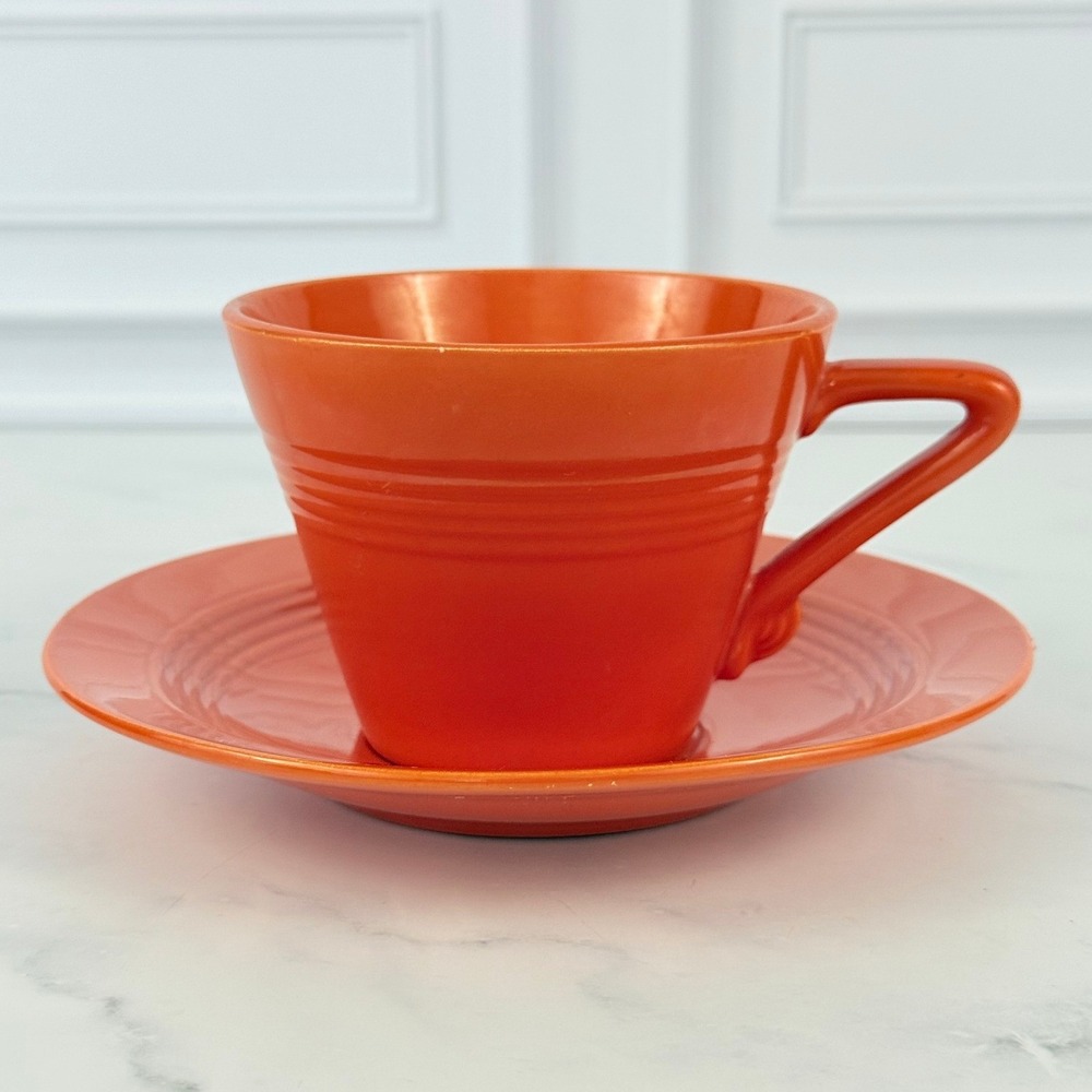 VTG Homer Laughlin Harlequin Coral Teacup and Saucer READ